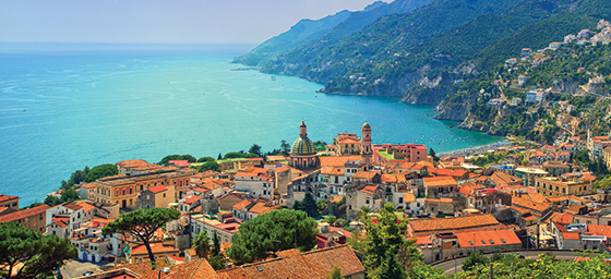 A view of a town on the Mediterranean coastline, which can be toured when you book a Mediterranean cruise with Flight Centre.